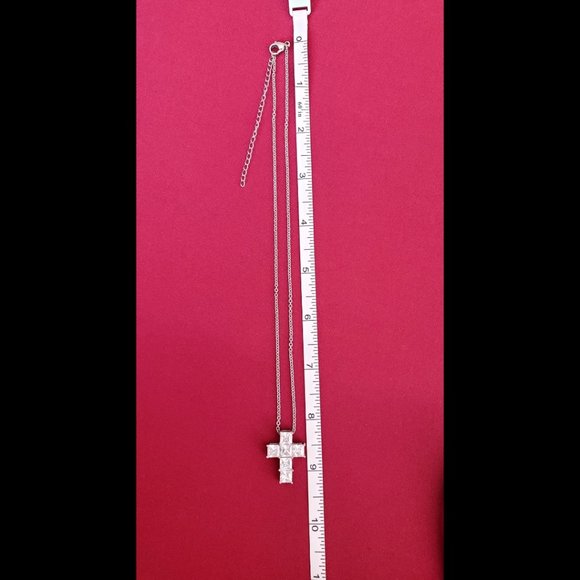 Princess Cut Square White Rhinestones Cross Pendant Necklace - Picture 7 of 9